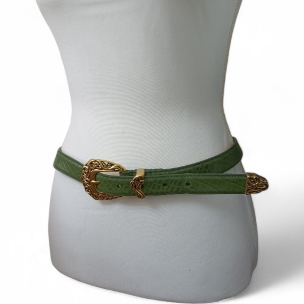 Coldwater Creek Green Leather Belt with Ornate Gold Buckle. Size Medium.